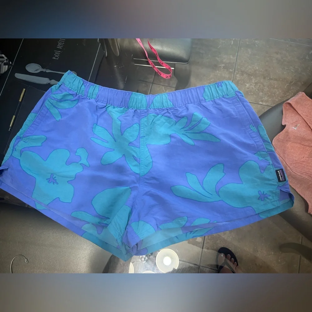 Patagonia Blue and Green Athletic Shorts with Iridescent Design - Picture 1 of 3